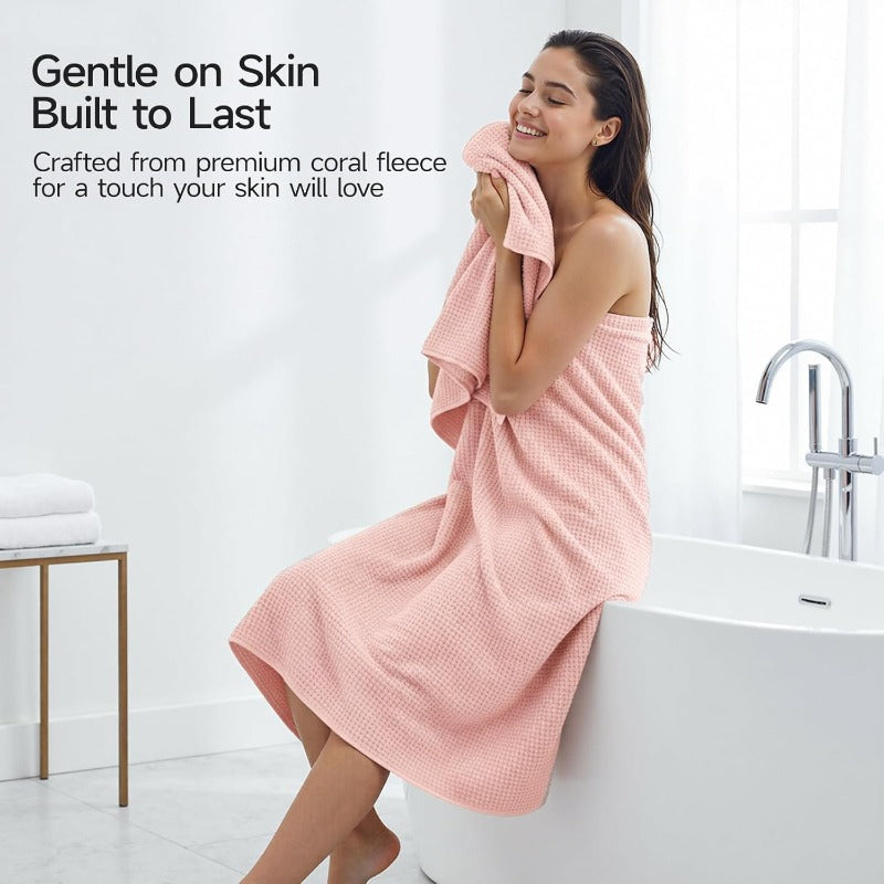 REDKISS 4 Pack Extra Large Bath Towels 35x70 Inches - Ultra-Soft Coral Fleece Plush Quick-Dry Spa & Gym Towel Set, Oversized Pink Bath Sheets for Adults, Pool, Travel, Sensitive Light Beige (4 Pack Bulk Bundle)