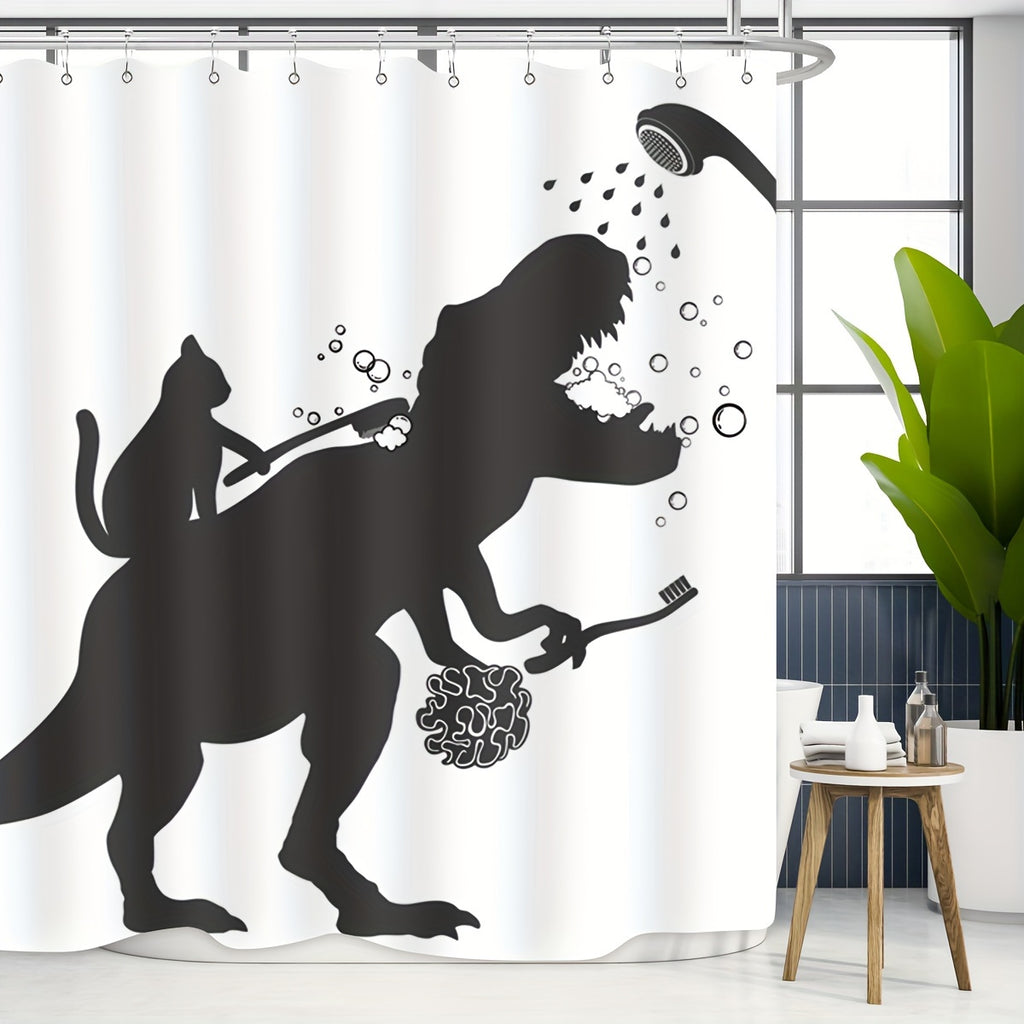 Cat Dinosaur Shower Curtain Funny Cat Help Dino Bathe For Boys Trex Silhouette Shadow Black White Bathroom Waterproof Polyester Fabric 60Wx72L Inch With 12pcs Plastic Hooks