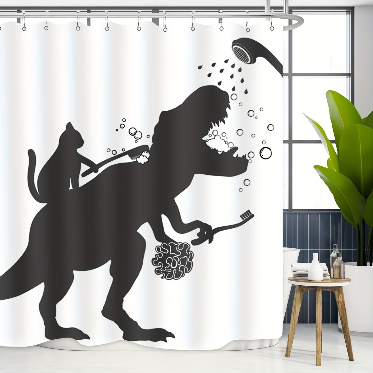 Cat Dinosaur Shower Curtain Funny Cat Help Dino Bathe For Boys Trex Silhouette Shadow Black White Bathroom Waterproof Polyester Fabric 60Wx72L Inch With 12pcs Plastic Hooks