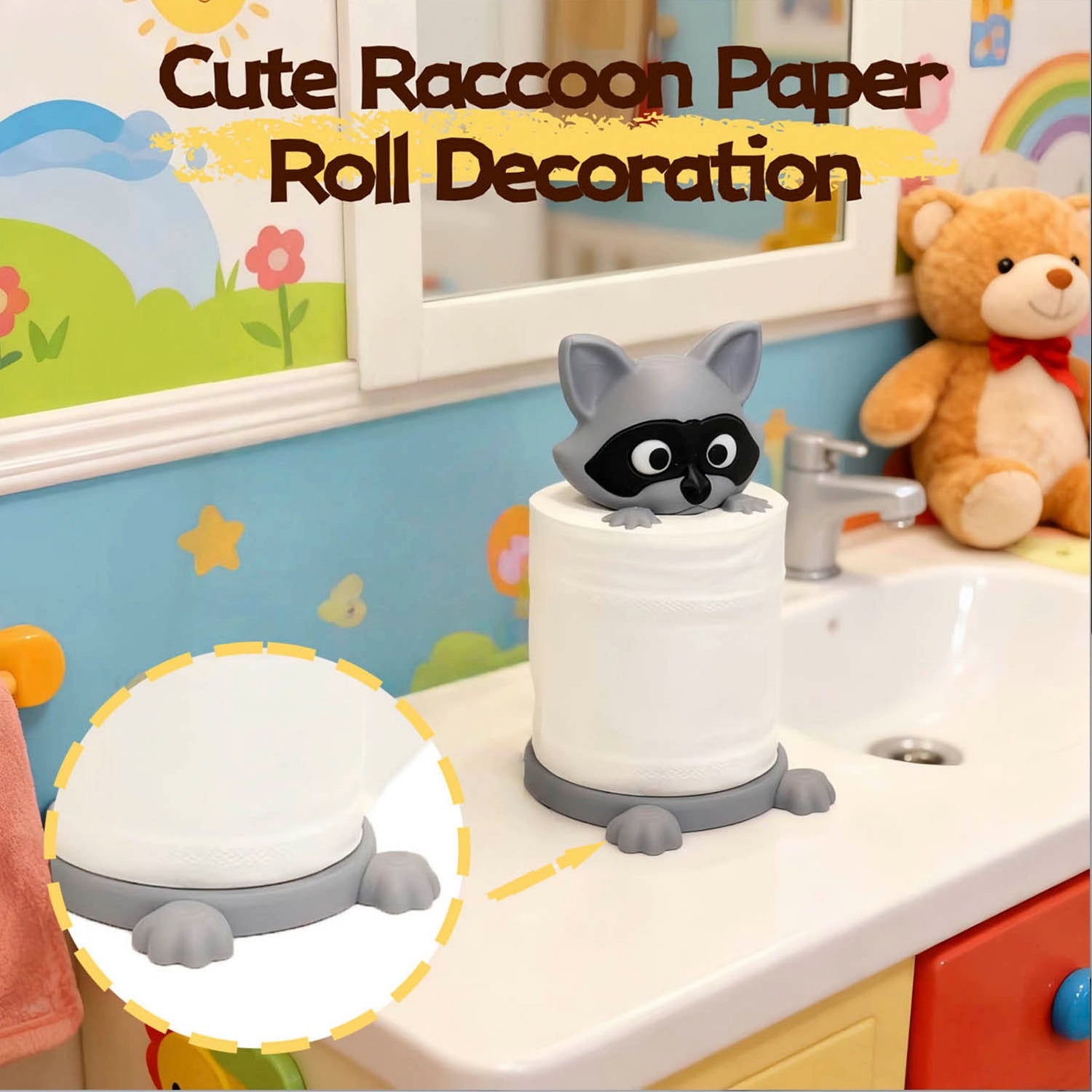 Freestanding Cute Raccoon Tissue Holder- Top-Mounted No Assembly Required Adorable Raccoon-Shaped Bathroom Decor Made of Durable Plastic Material Suitable for Modern Farmhouse Style Bathrooms Unique Gift Choice for Home and Office Accessories