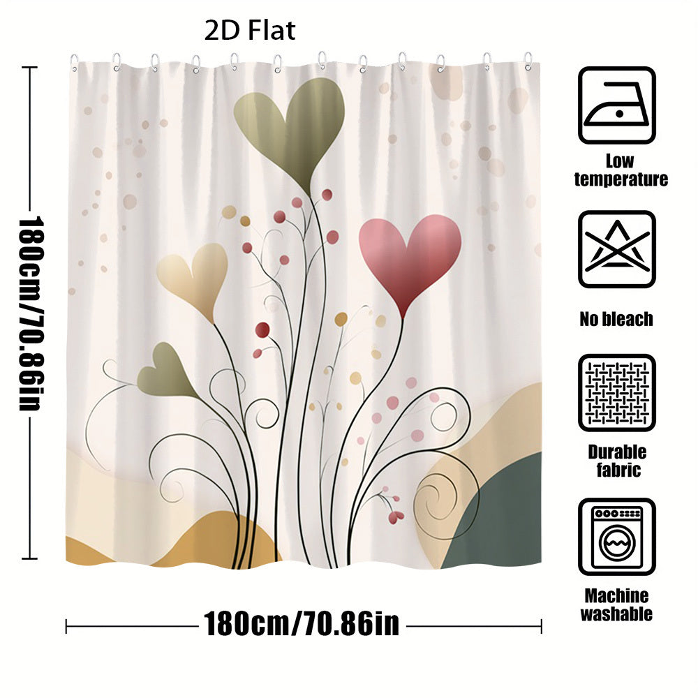 1pc 2D Flat Valentine Day Shower Curtain | Heart Floral Design Modern Artistic Theme, Polyester Fabric, 70.8x70.8 Inch with 12 Hooks, Machine Washable, Elegant Home Aesthetic