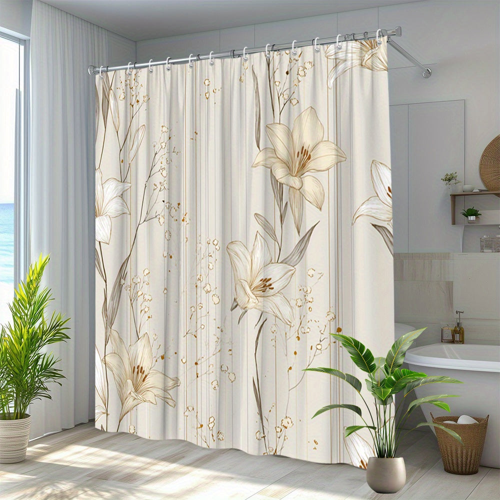 One Piece of a Stylish Cream And Golden Floral Shower Curtain Featuring a Beige And Golden Leaf Design - a Luxurious Polyester Fabric Bathroom Decoration