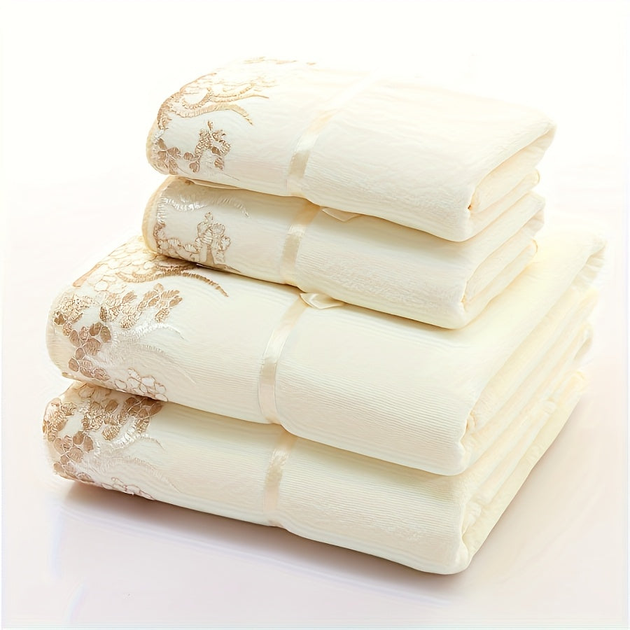 4 Lace Embroidered Towel Set, Household Microfiber Towel, Soft Hand Towel Bath Towel, Bath Towel Set, Bathroom Absorbent Towel, 2 Bath Towels And 2 Hand Towels, Bathroom Supplies, Wash Cloths