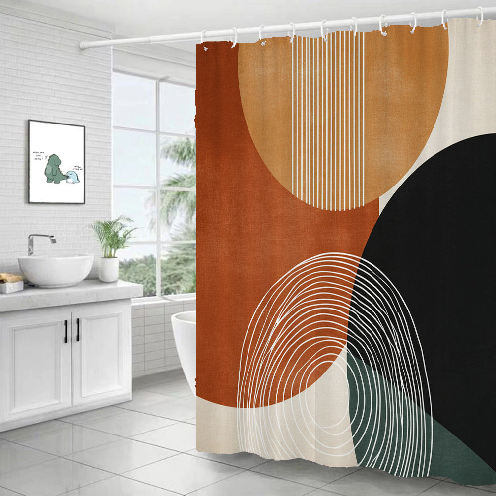 1pc Modern Abstract Shower Curtain - Burnt Orange, Black & Beige Circles with White Spiral Design, Durable Polyester Fabric, Machine Washable Bathroom Decor Includes Hooks, Contemporary Bathroom Accessories, Elegant Shower Curtain, Smooth Texture Fabric