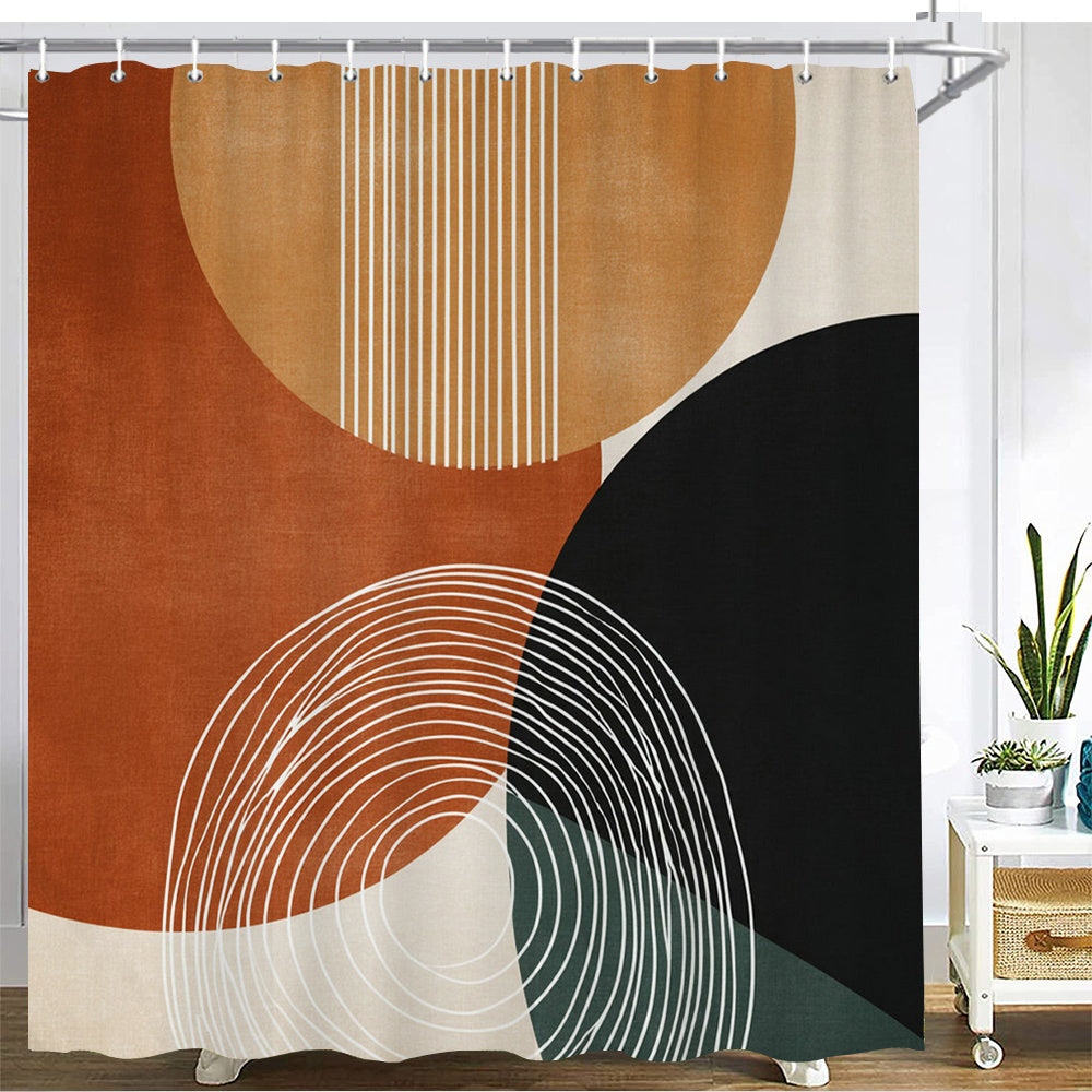 1pc Modern Abstract Shower Curtain - Burnt Orange, Black & Beige Circles with White Spiral Design, Durable Polyester Fabric, Machine Washable Bathroom Decor Includes Hooks, Contemporary Bathroom Accessories, Elegant Shower Curtain, Smooth Texture Fabric