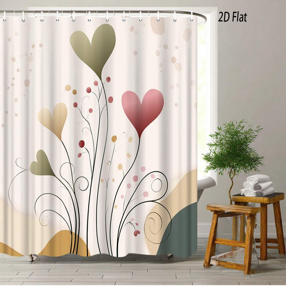 1pc 2D Flat Valentine Day Shower Curtain | Heart Floral Design Modern Artistic Theme, Polyester Fabric, 70.8x70.8 Inch with 12 Hooks, Machine Washable, Elegant Home Aesthetic