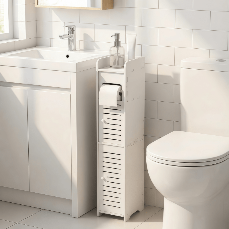 Space-Saving Slim Bathroom Cabinet with Toilet Paper Holder - Modern ABS Storage Unit, No Installation Needed, Compact Vanity Shelf Suitable for Small Spaces, Easy Assembly & Polished (Ideal for Apartments, Bathrooms), Toilet Paper Storage Containers