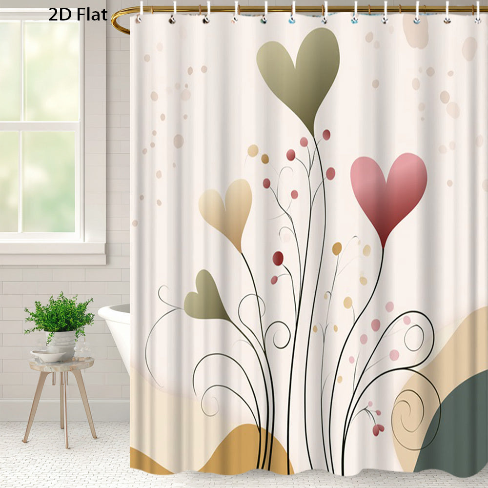 1pc 2D Flat Valentine Day Shower Curtain | Heart Floral Design Modern Artistic Theme, Polyester Fabric, 70.8x70.8 Inch with 12 Hooks, Machine Washable, Elegant Home Aesthetic