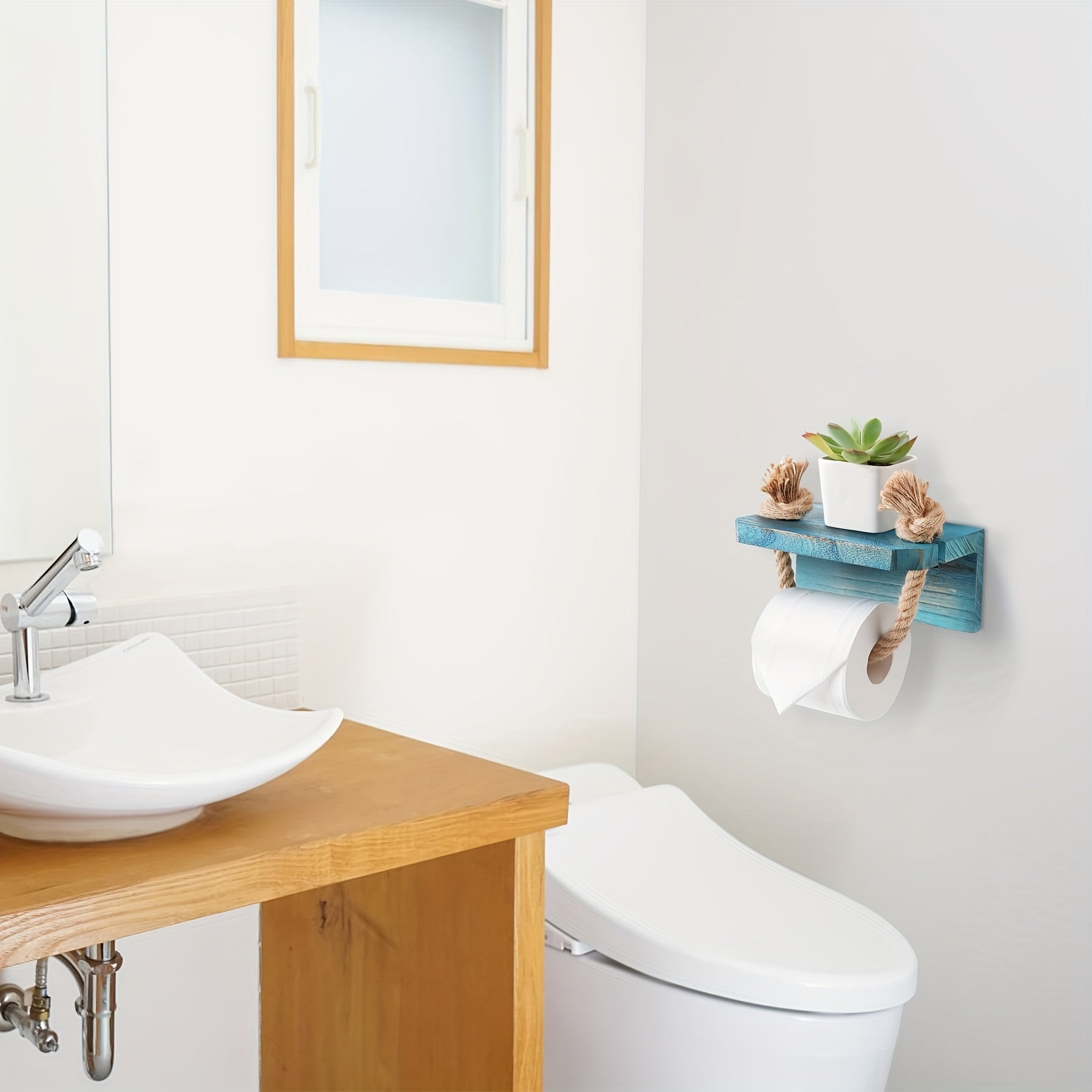 Blue Farmhouse Coastal Beach Rope Toilet Paper Holder with Wood Shelf - Unique Rustic Wall Mount Towel Rack Tissue Roll Holder