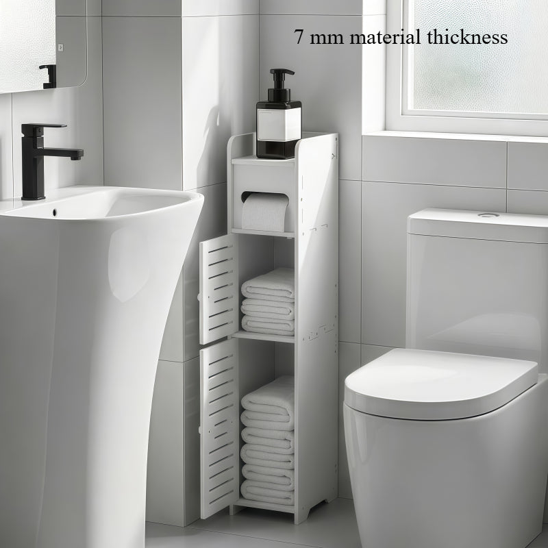 Space-Saving Slim Bathroom Cabinet with Toilet Paper Holder - Modern ABS Storage Unit, No Installation Needed, Compact Vanity Shelf Suitable for Small Spaces, Easy Assembly & Polished (Ideal for Apartments, Bathrooms), Toilet Paper Storage Containers