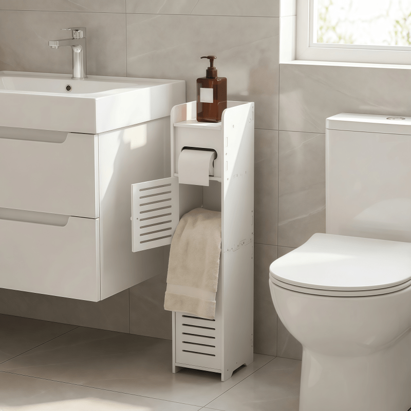 Space-Saving Slim Bathroom Cabinet with Toilet Paper Holder - Modern ABS Storage Unit, No Installation Needed, Compact Vanity Shelf Suitable for Small Spaces, Easy Assembly & Polished (Ideal for Apartments, Bathrooms), Toilet Paper Storage Containers