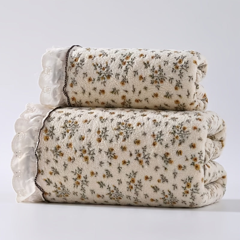 2pcs Retro Rural Style Towel And Bath Towel Set | Modern Minimalist Design, Checkered Pattern, Bow, Floral Embroidery, Super Soft, High Water Absorption, High Quality,, Towel Size 13.39 * 29.53 Inches, Towel Size 27.56 * 55.12 Inches