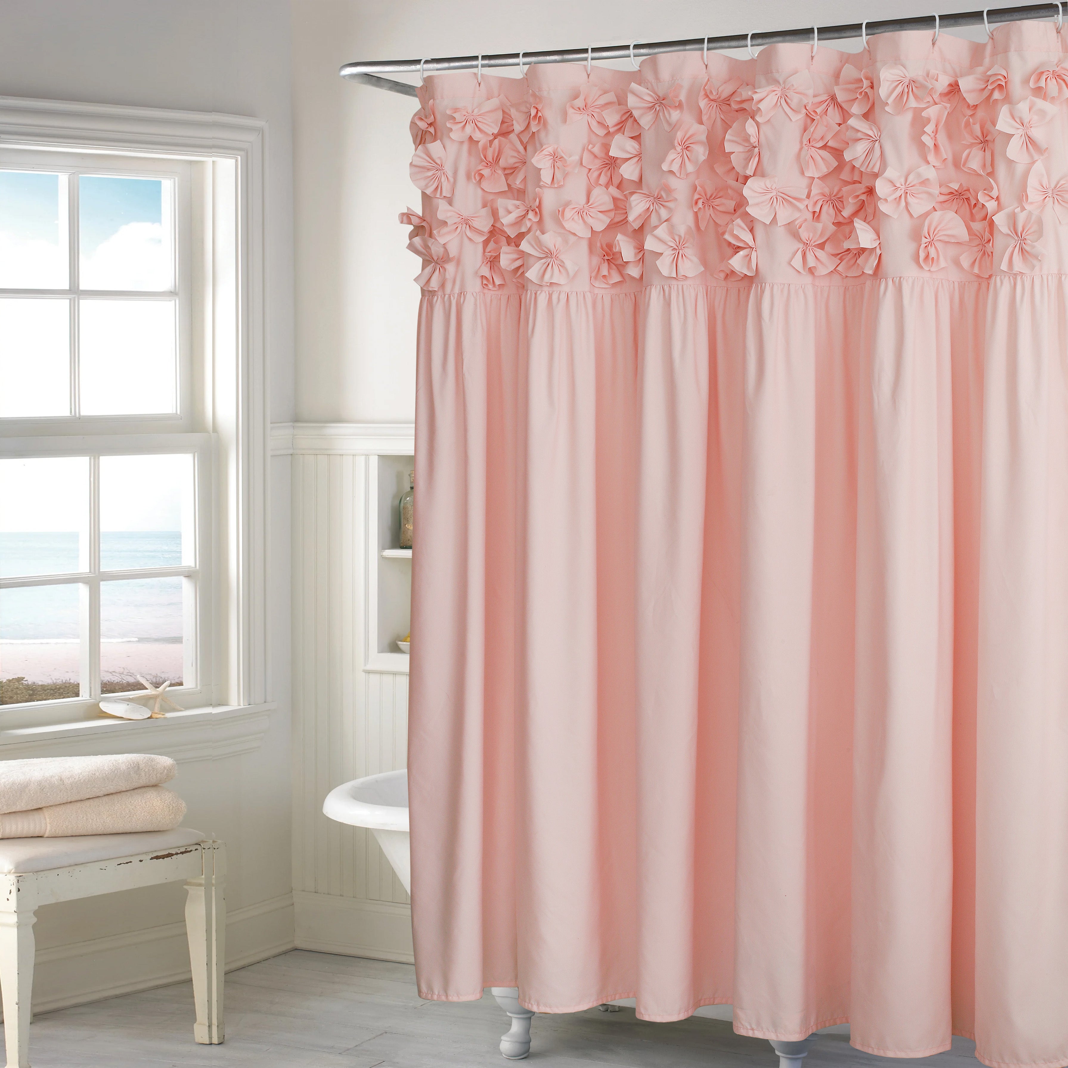 Ruched Microfiber Vintage Handcrafted Butterfly Flowers Bath Curtain for Master Bathroom, with 12 Buttonholes, 72\