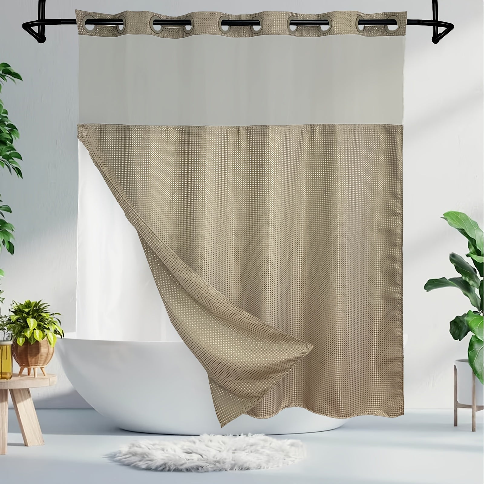 1pc Bathroom Hookless Shower Curtain with Snap-In Fabric Liner, No Hooks Required, Built-In Hooks, Double-Layer Waffle Weave Shower Curtain, Home Décor, 75\