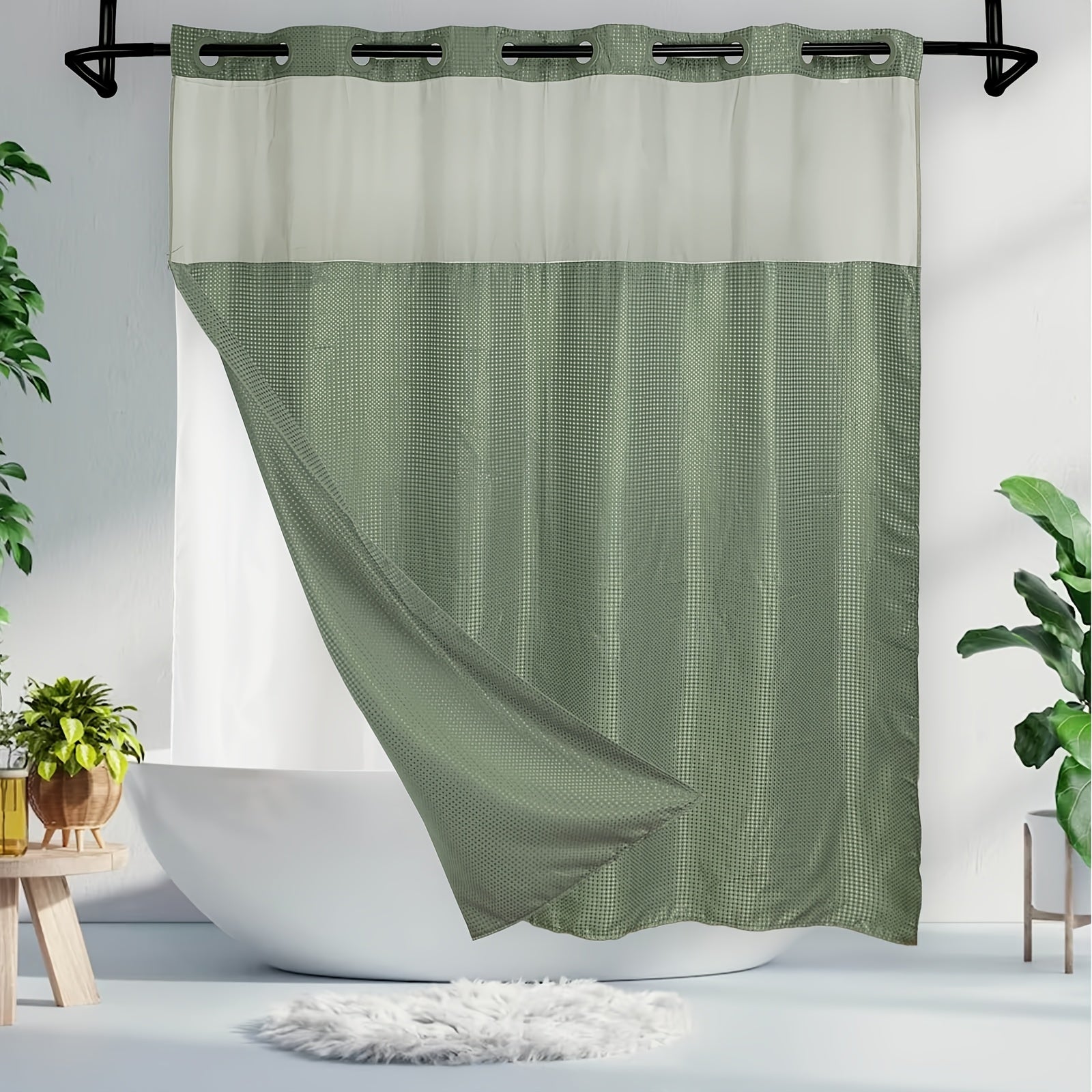 1pc Bathroom Hookless Shower Curtain with Snap-In Fabric Liner, No Hooks Required, Built-In Hooks, Double-Layer Waffle Weave Shower Curtain, Home Décor, 75\