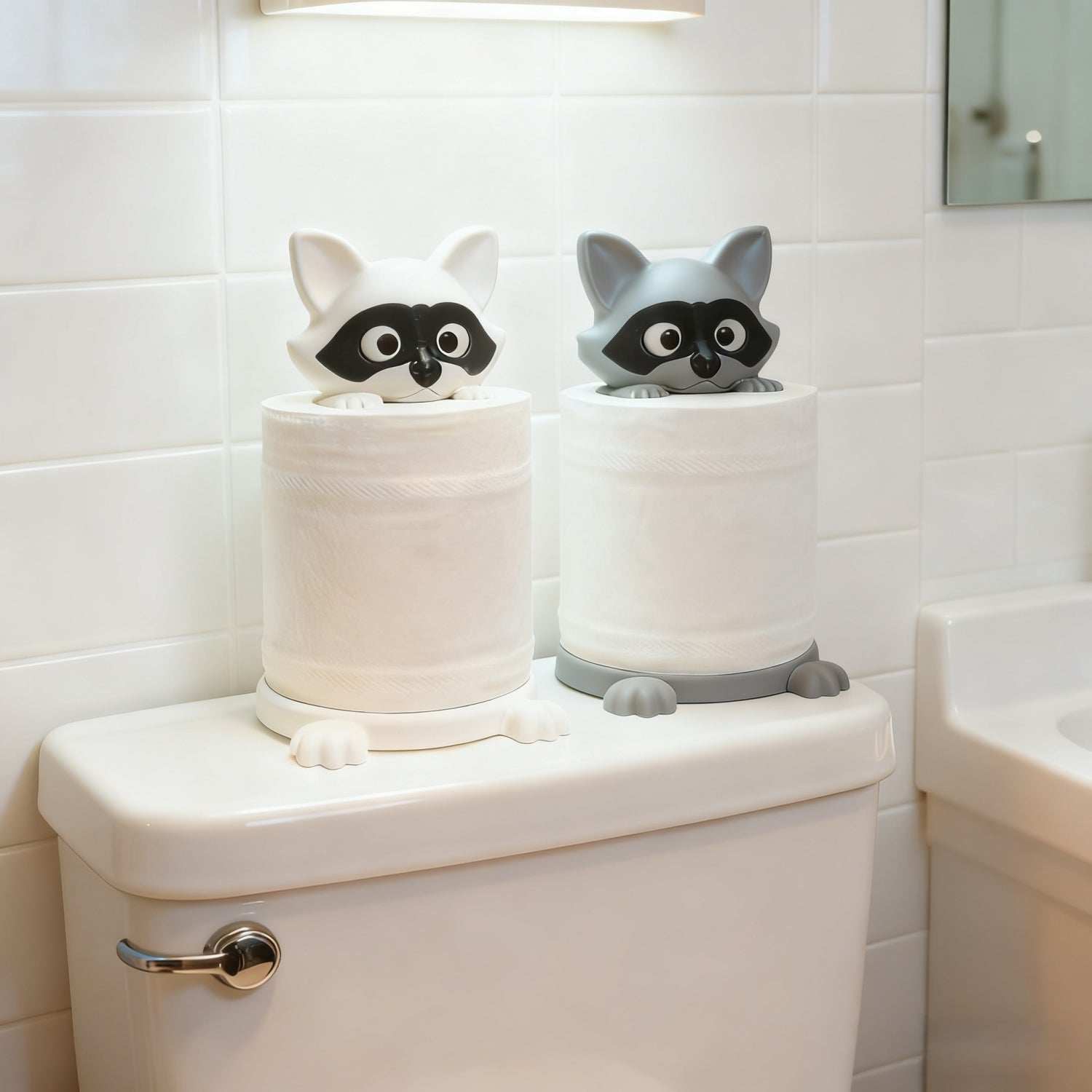 Freestanding Cute Raccoon Tissue Holder- Top-Mounted No Assembly Required Adorable Raccoon-Shaped Bathroom Decor Made of Durable Plastic Material Suitable for Modern Farmhouse Style Bathrooms Unique Gift Choice for Home and Office Accessories