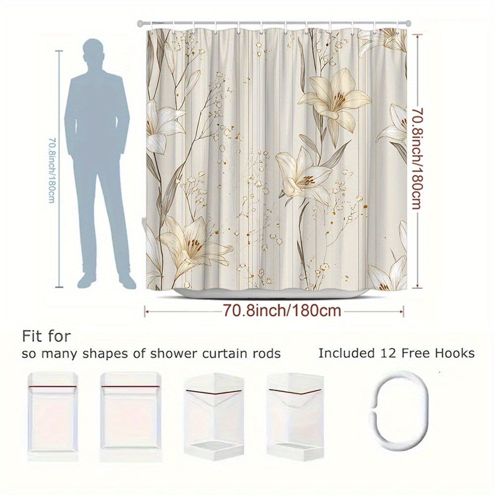 One Piece of a Stylish Cream And Golden Floral Shower Curtain Featuring a Beige And Golden Leaf Design - a Luxurious Polyester Fabric Bathroom Decoration