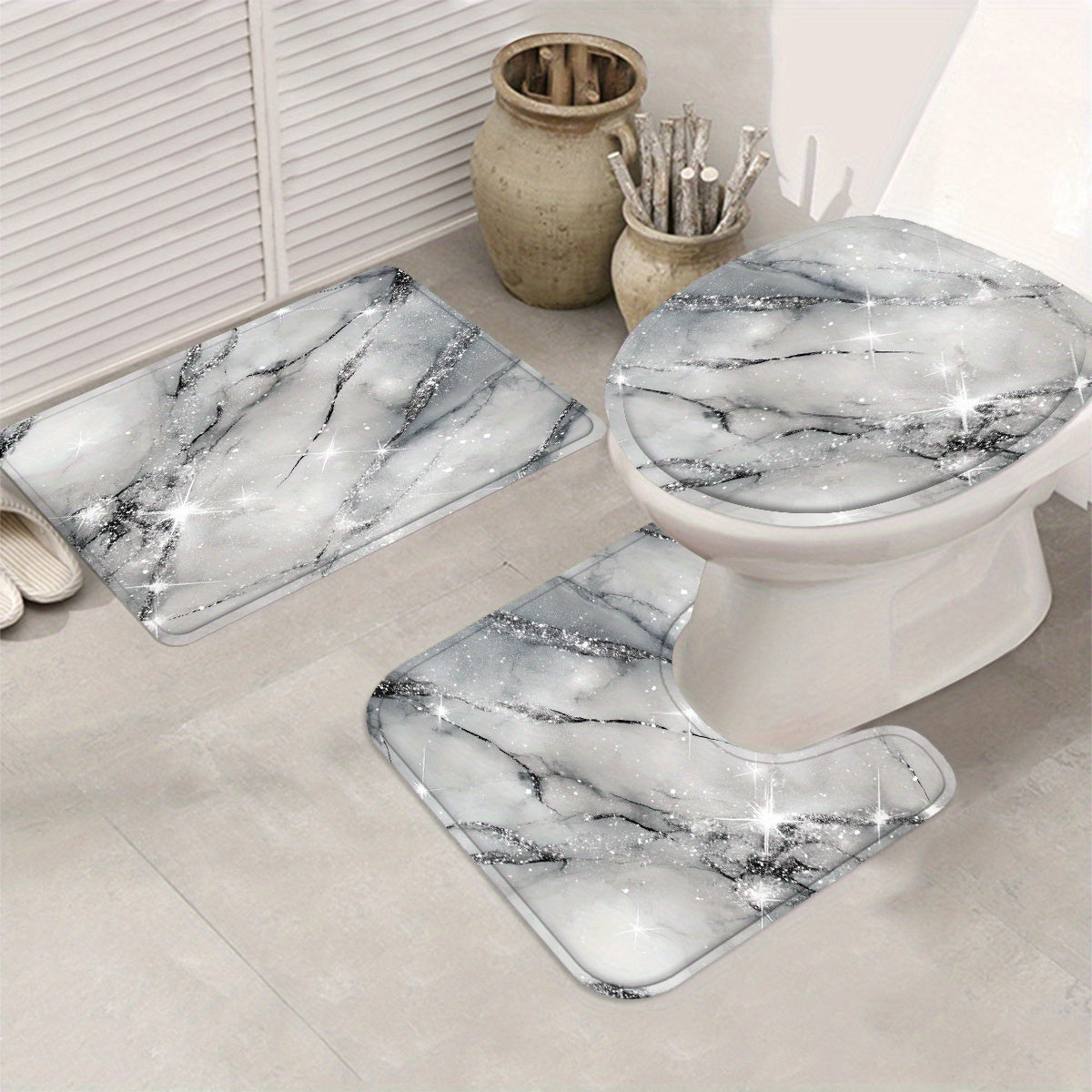 Set of 4pcs Featuring a Starry Stone Design for a Shower Curtain, Designed to Be for Bathtub Separation, Includes a Bathroom Partition Curtain with 12 Hooks, a Non-Slip, a U-Shaped for The Toilet, a Cover for The Toilet Lid