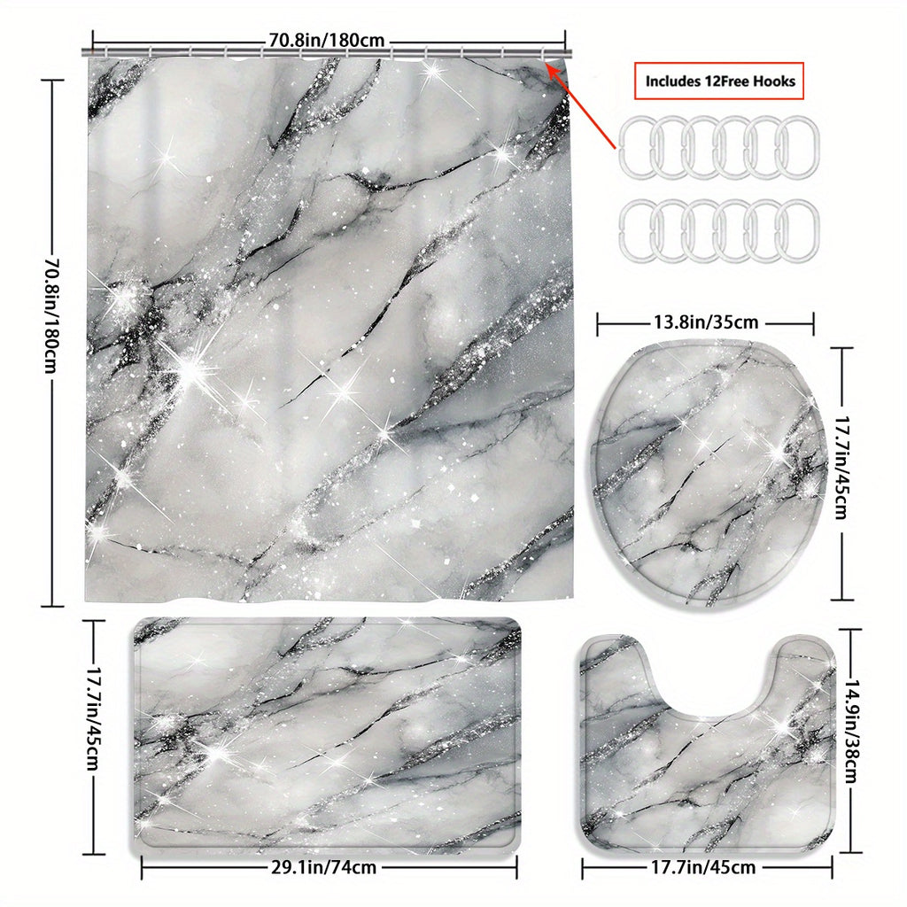 Set of 4pcs Featuring a Starry Stone Design for a Shower Curtain, Designed to Be for Bathtub Separation, Includes a Bathroom Partition Curtain with 12 Hooks, a Non-Slip, a U-Shaped for The Toilet, a Cover for The Toilet Lid