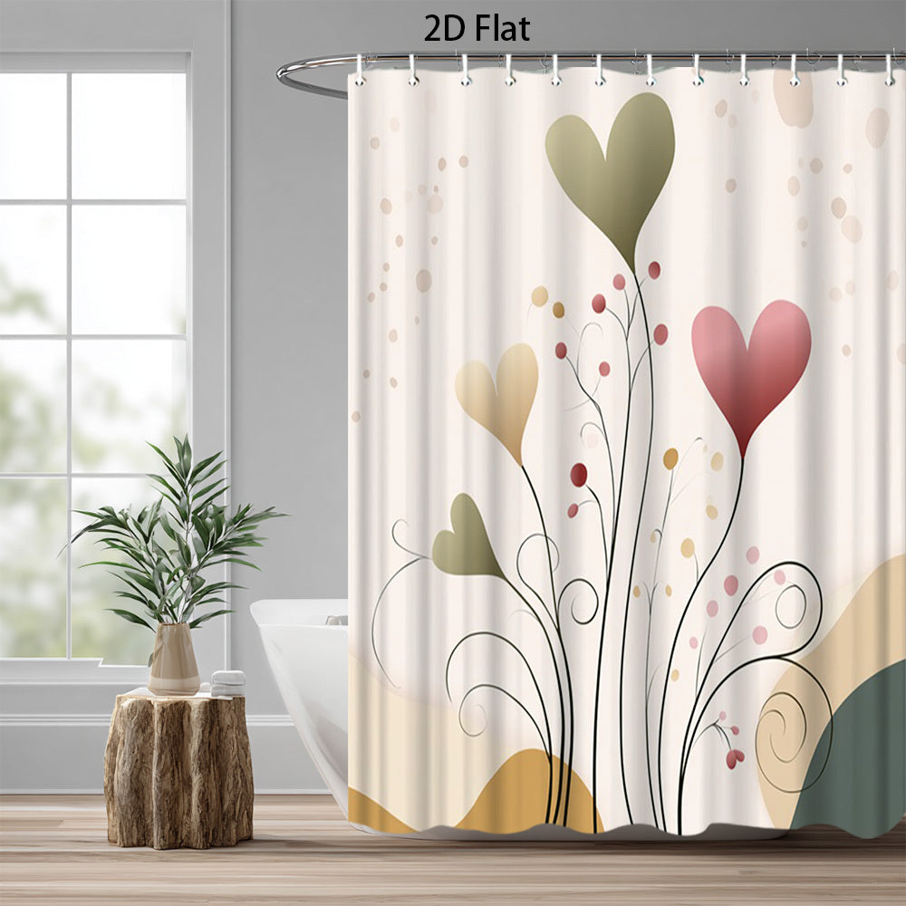 1pc 2D Flat Valentine Day Shower Curtain | Heart Floral Design Modern Artistic Theme, Polyester Fabric, 70.8x70.8 Inch with 12 Hooks, Machine Washable, Elegant Home Aesthetic