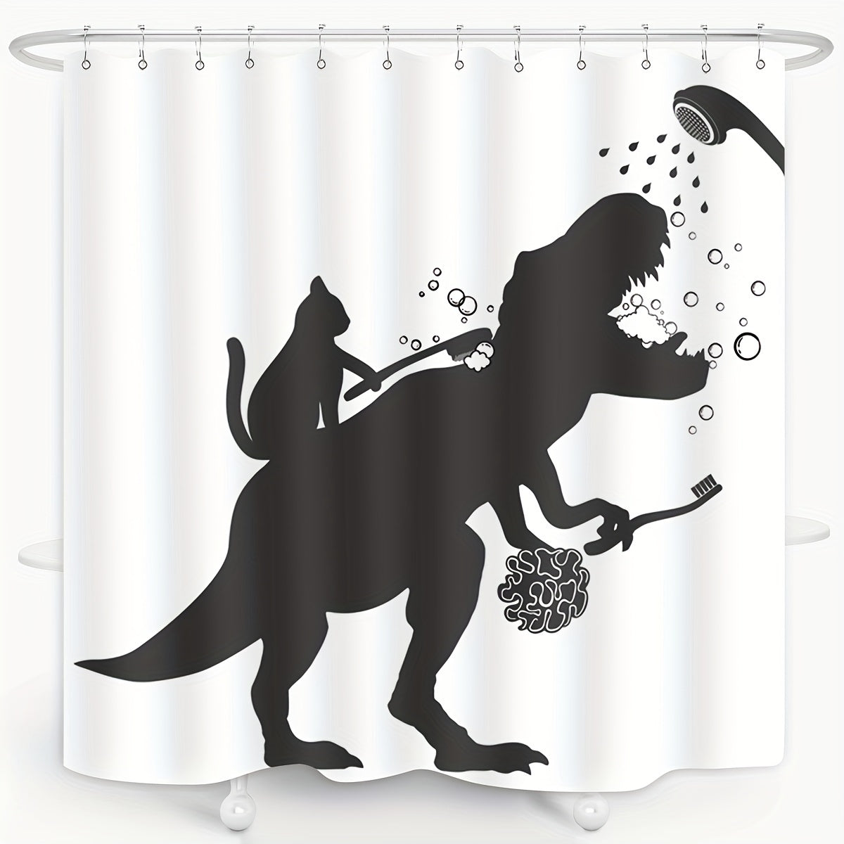 Cat Dinosaur Shower Curtain Funny Cat Help Dino Bathe For Boys Trex Silhouette Shadow Black White Bathroom Waterproof Polyester Fabric 60Wx72L Inch With 12pcs Plastic Hooks