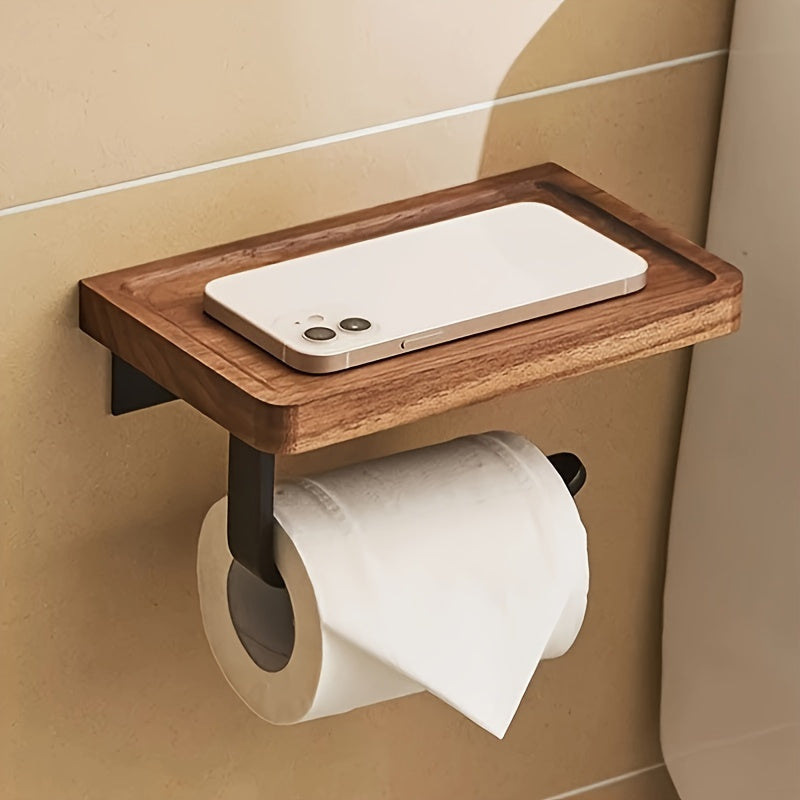 Elegant Toilet Paper Holder Elegant Walnut Wood & Black Metal Toilet Paper Holder with Smartphone Shelf - Small\u002FLarge, Self-Adhesive, Wall-Mounted Bathroom Tissue Dispenser for Stylish Storage, Bathroom Organizers And Storage