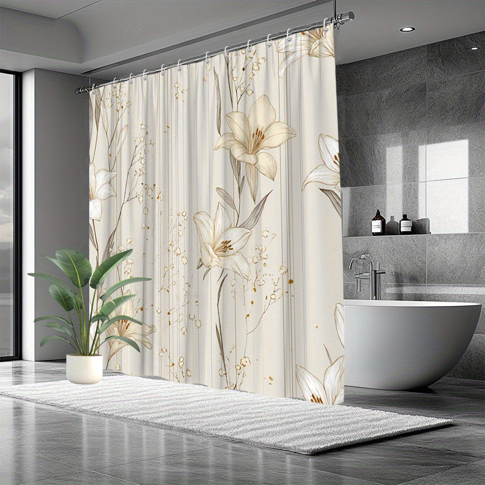 One Piece of a Stylish Cream And Golden Floral Shower Curtain Featuring a Beige And Golden Leaf Design - a Luxurious Polyester Fabric Bathroom Decoration