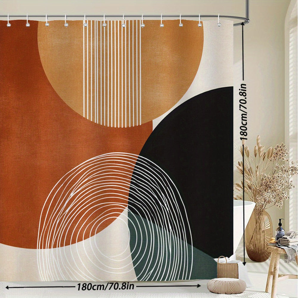1pc Modern Abstract Shower Curtain - Burnt Orange, Black & Beige Circles with White Spiral Design, Durable Polyester Fabric, Machine Washable Bathroom Decor Includes Hooks, Contemporary Bathroom Accessories, Elegant Shower Curtain, Smooth Texture Fabric