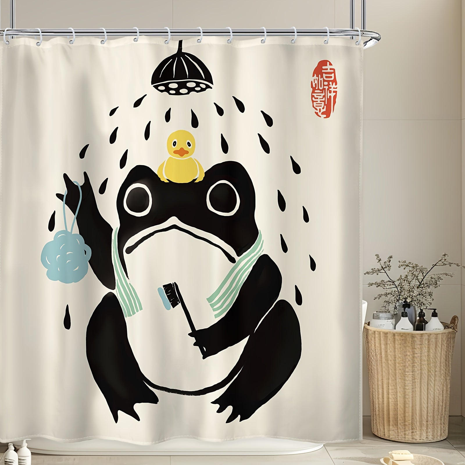 1\u002F4PCS Funny Frog Shower Curtain Set, Including Waterproof Shower Curtain With 12 Plastic Hooks, Bathroom Non-slip Mat, Toilet U-shaped Mat, Cover Mat, Asian Traditional Japanese Art Cute Animal Bath Style Retro Home Decor Bathroom Accessories