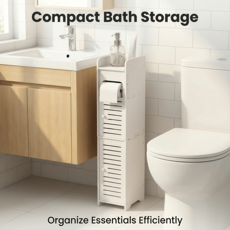 Space-Saving Slim Bathroom Cabinet with Toilet Paper Holder - Modern ABS Storage Unit, No Installation Needed, Compact Vanity Shelf Suitable for Small Spaces, Easy Assembly & Polished (Ideal for Apartments, Bathrooms), Toilet Paper Storage Containers