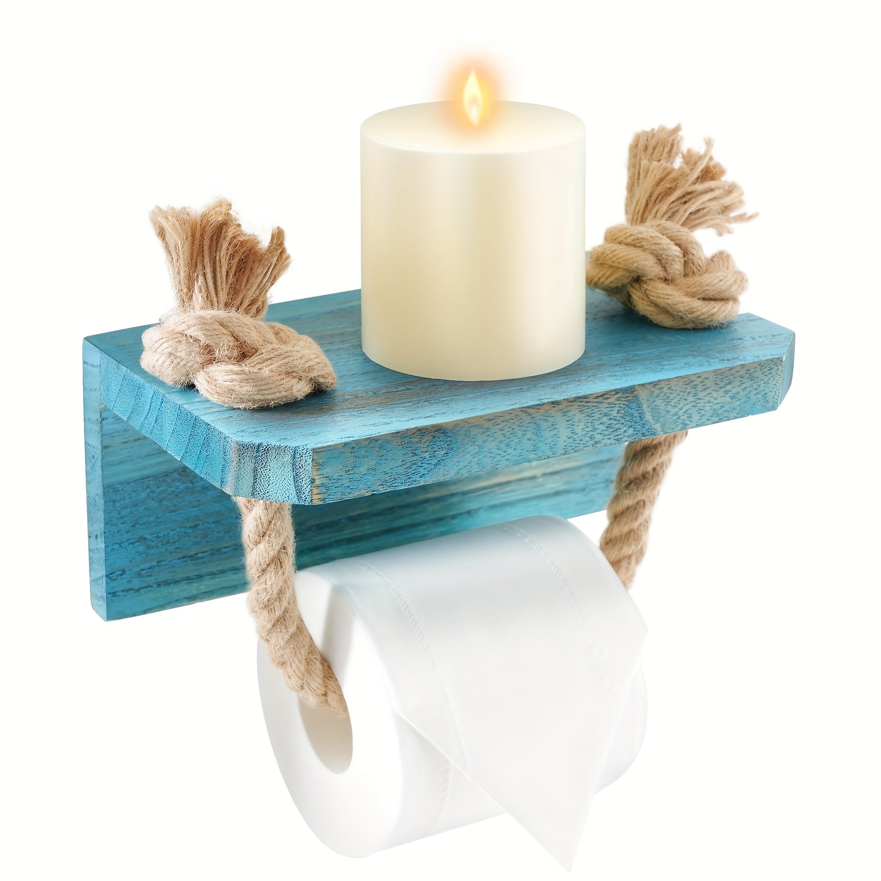 Blue Farmhouse Coastal Beach Rope Toilet Paper Holder with Wood Shelf - Unique Rustic Wall Mount Towel Rack Tissue Roll Holder