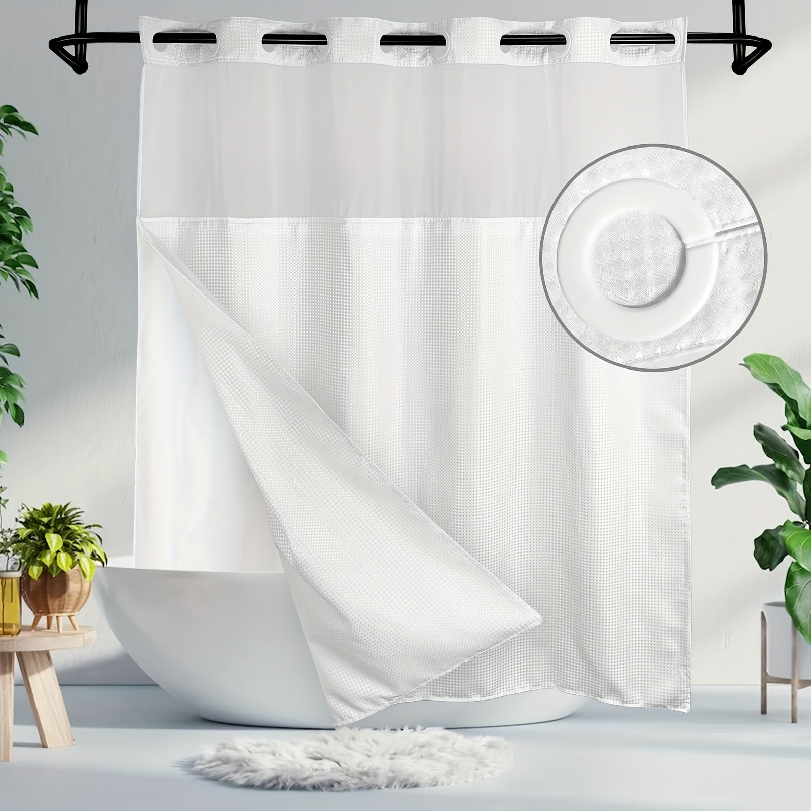 1pc Bathroom Hookless Shower Curtain with Snap-In Fabric Liner, No Hooks Required, Built-In Hooks, Double-Layer Waffle Weave Shower Curtain, Home Décor, 75\