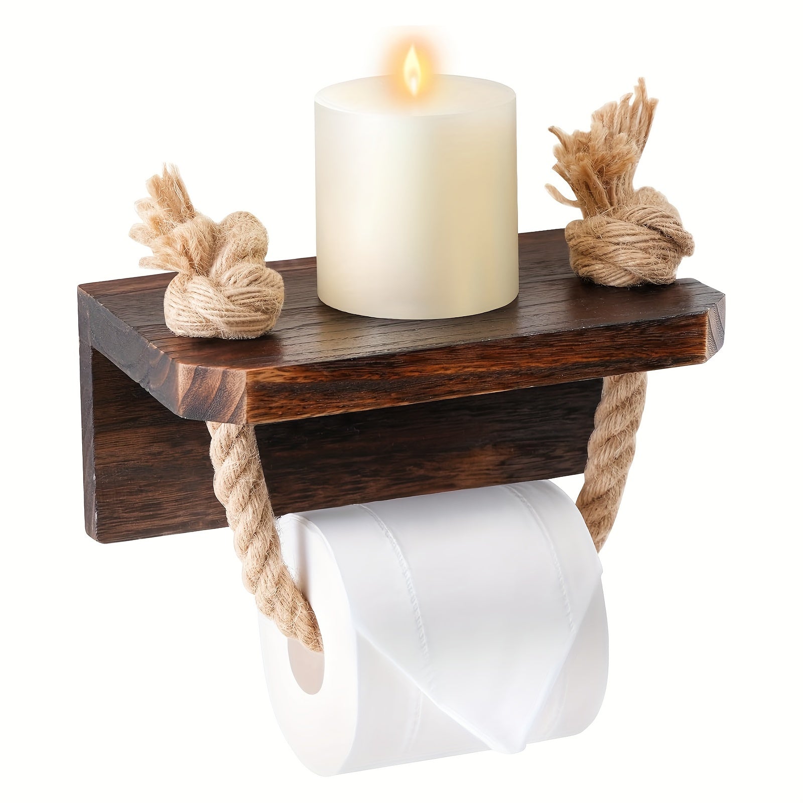 Blue Farmhouse Coastal Beach Rope Toilet Paper Holder with Wood Shelf - Unique Rustic Wall Mount Towel Rack Tissue Roll Holder