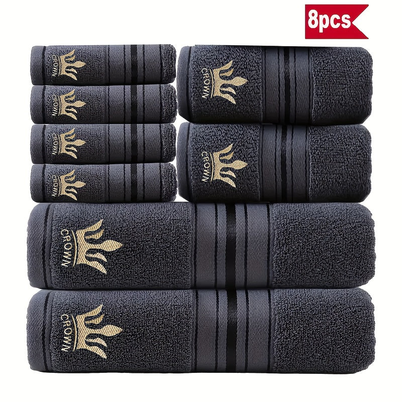 8pcs Luxury Hotel High-Quality Cotton Bath Towel Set, Including 2 Bath Towels, 2 Bath Towels, 4 Washcloth, Soft Skin-friendly Absorbent, Very Suitable For Bathrooms, Hotels, SPA-390GSM Cotton, Crown Embroidery, Wash Cloths
