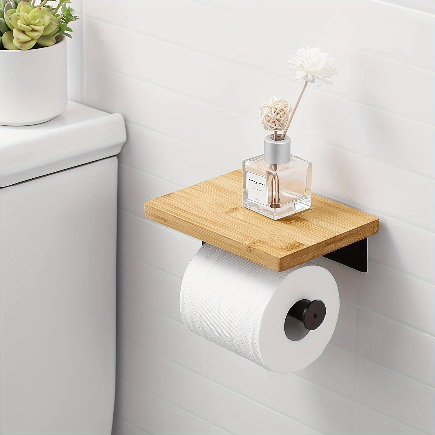 No-Drill Wall-Mounted Toilet Paper Holder & Bathroom Shelf - Multi-Functional Sink Shelf, Phone Holder, Storage Rack with Space-Saving for Small Bathrooms, -Free Installation (Compatible with Toilet Paper, Phone)