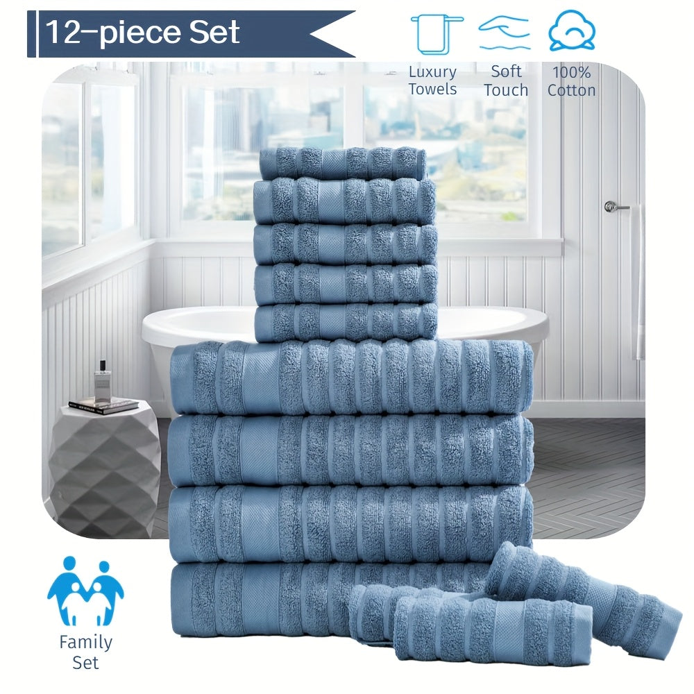 Set of 12 Cotton Towels, Including 4 Washcloths, 4 Hand Towels, And 4 Bath Towels. Ideal for Festive Bathroom Decoration And As Gifts, These Travel Essentials Feature Stripes, a Weight of 400GSM, And Are Quick-Drying, Soft